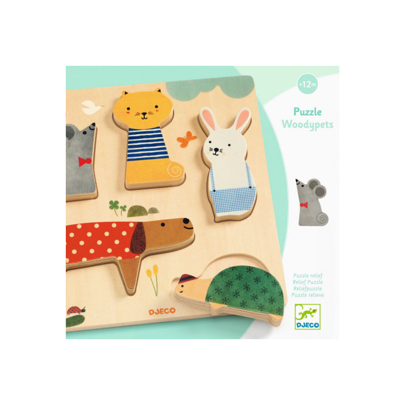 Djeco - Reliefpuzzle, Woodypets, 5 pcs